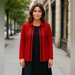 Exclusively Misook Red & black open front cardigan Womens Size M